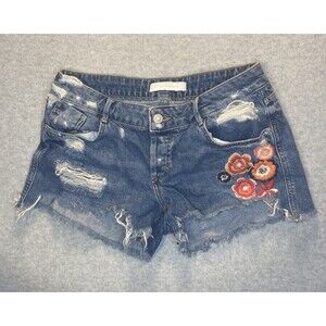 zara trafaluc Shorts Sz 24 Boho Distressed Cutoff Floral Embroidered Shorties